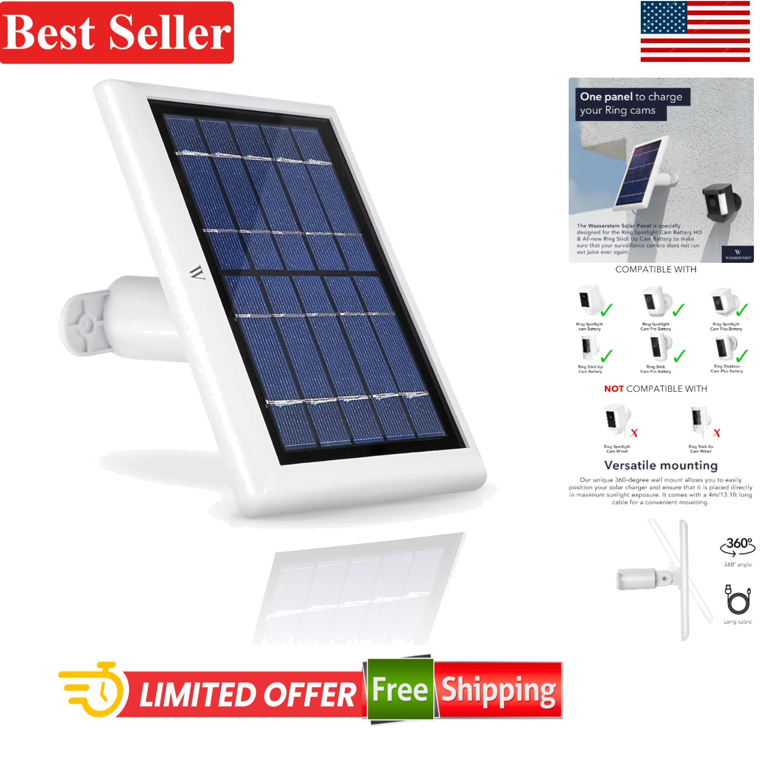 Solar Panel Compatible with Ring Cameras 360° Wall Mount 1 Pack White