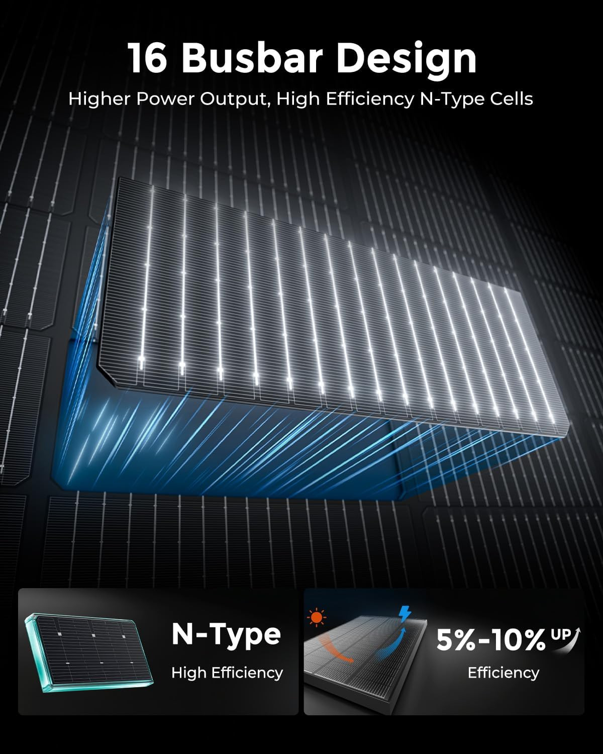 200W Solar Panel, N-Type 16BB 12V 200 Watt Solar Panel with 25.6% High Efficienc
