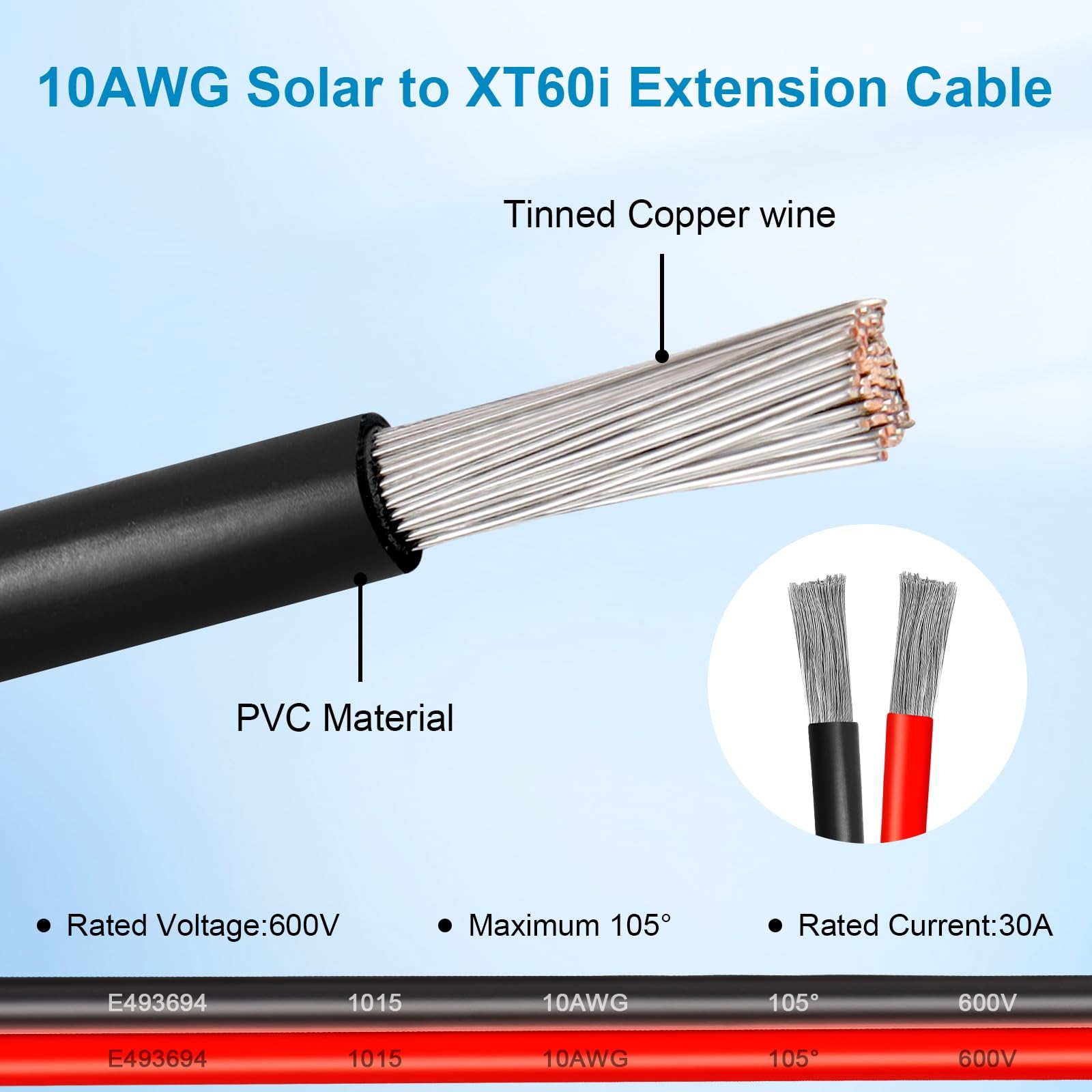 10AWG 10FT Solar to XT60i Extension Cable 3 6 10 35 50 75 100FT Heavy Duty Ad…