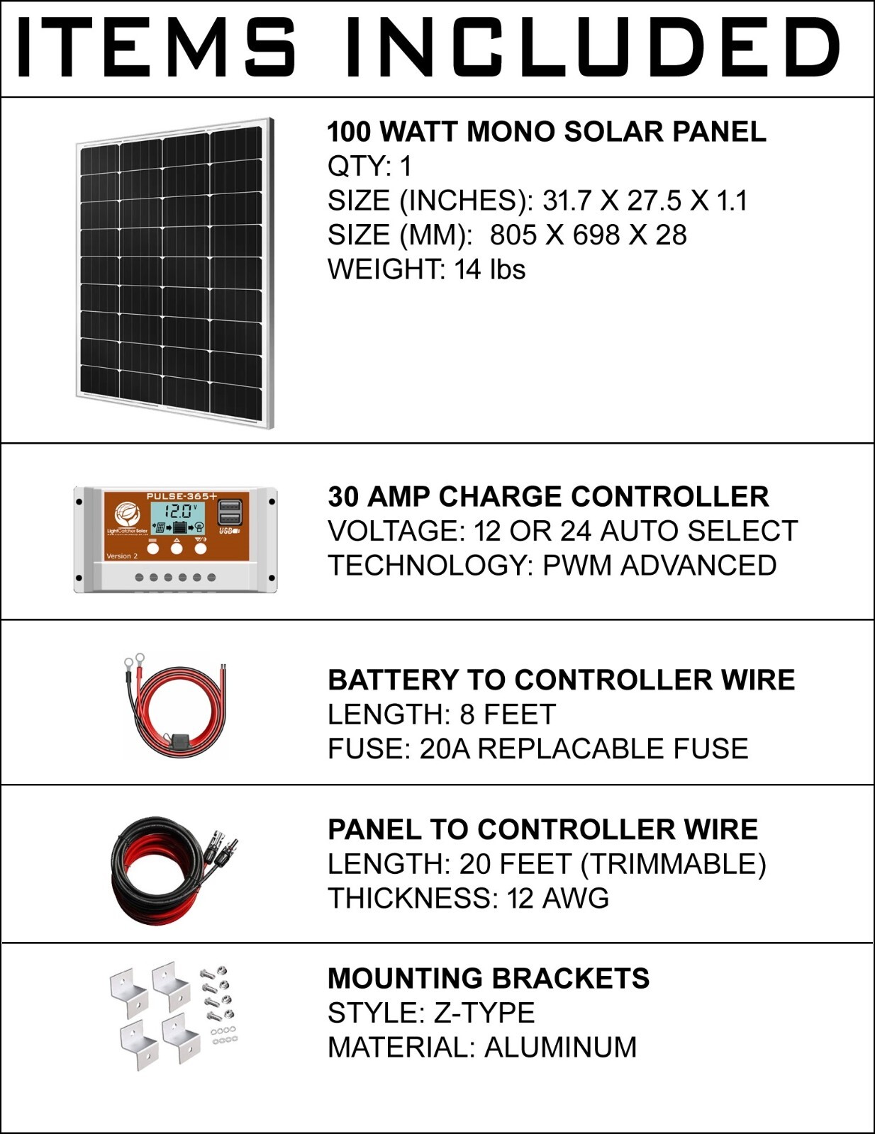 100 WATT COMPLETE SOLAR PANEL KIT FOR FOR 12V LITHIUM OR LEAD ACID BATTERY CHA