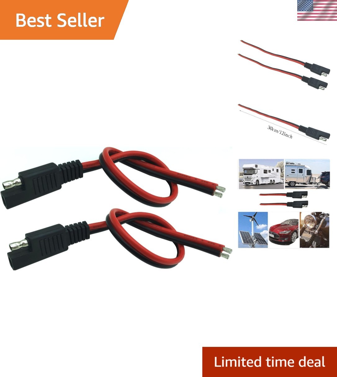 14AWG SAE Quick Disconnect Plug Extension Cable, 1Ft for Autos & Solar – 2 Pack