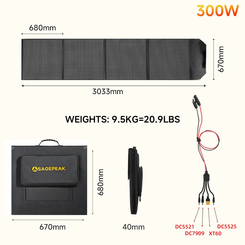 300W Portable Solar Panel Foldable Solar Cells for Power Station and Camping