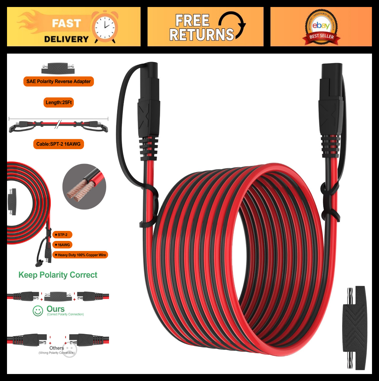 25FT SAE Extension Cable Quick Disconnect Connector 16AWG for Automotive & Solar