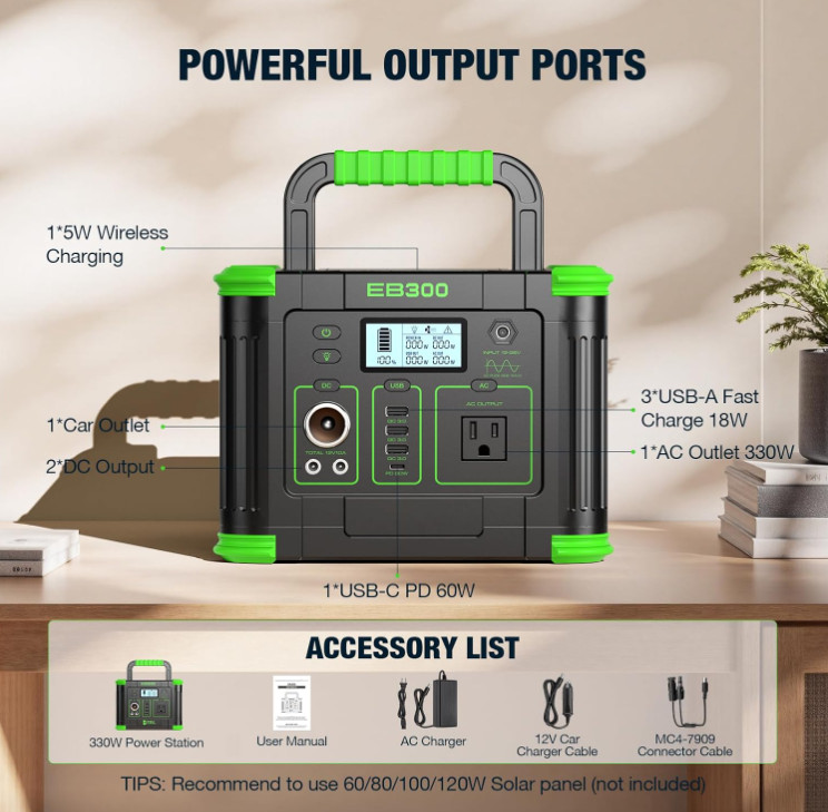 Estación de Energía Portátil 330W 288.6Wh con Carga Rápida 60W Solar, Nuevo
