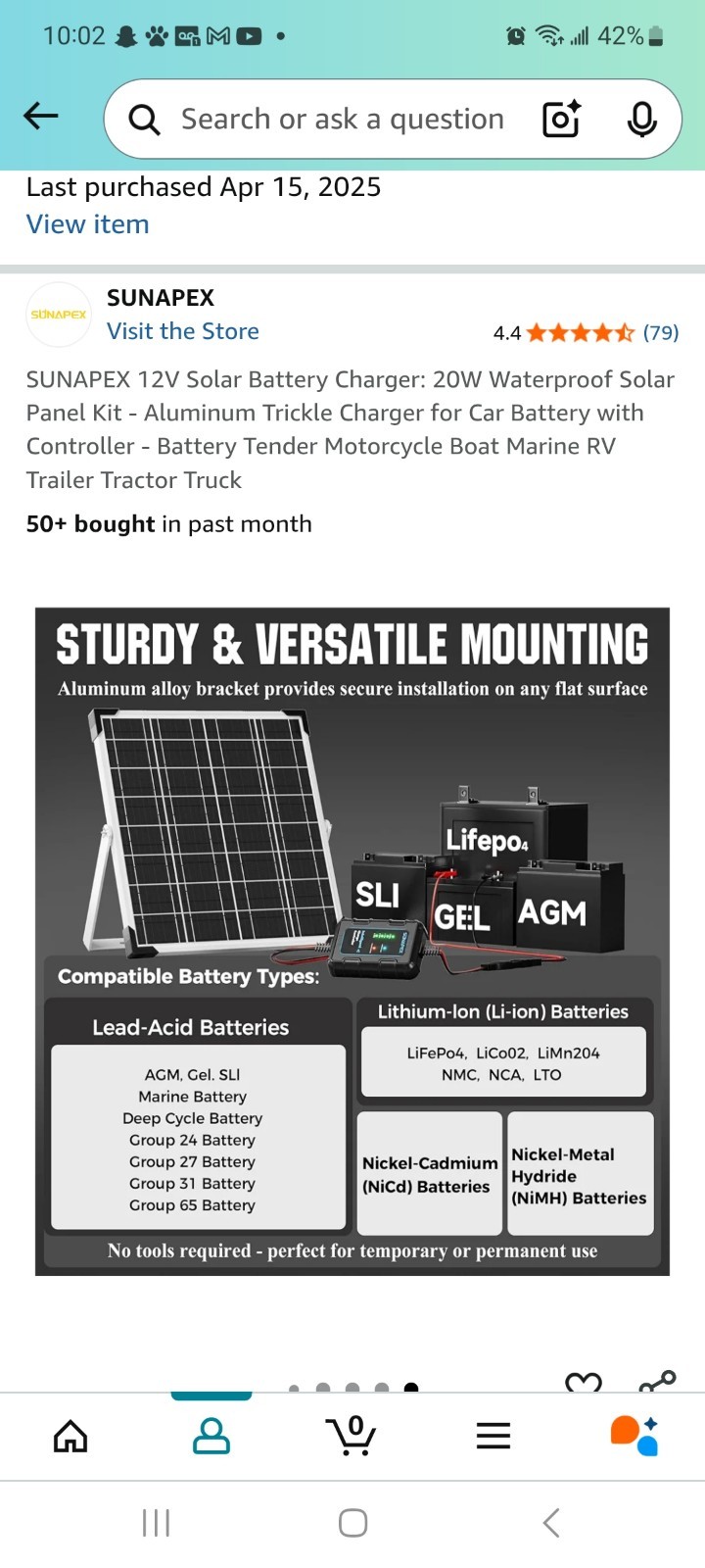 Sunapex 12v Solar Battery Charger 20watts Waterproof Solar Panel Kit