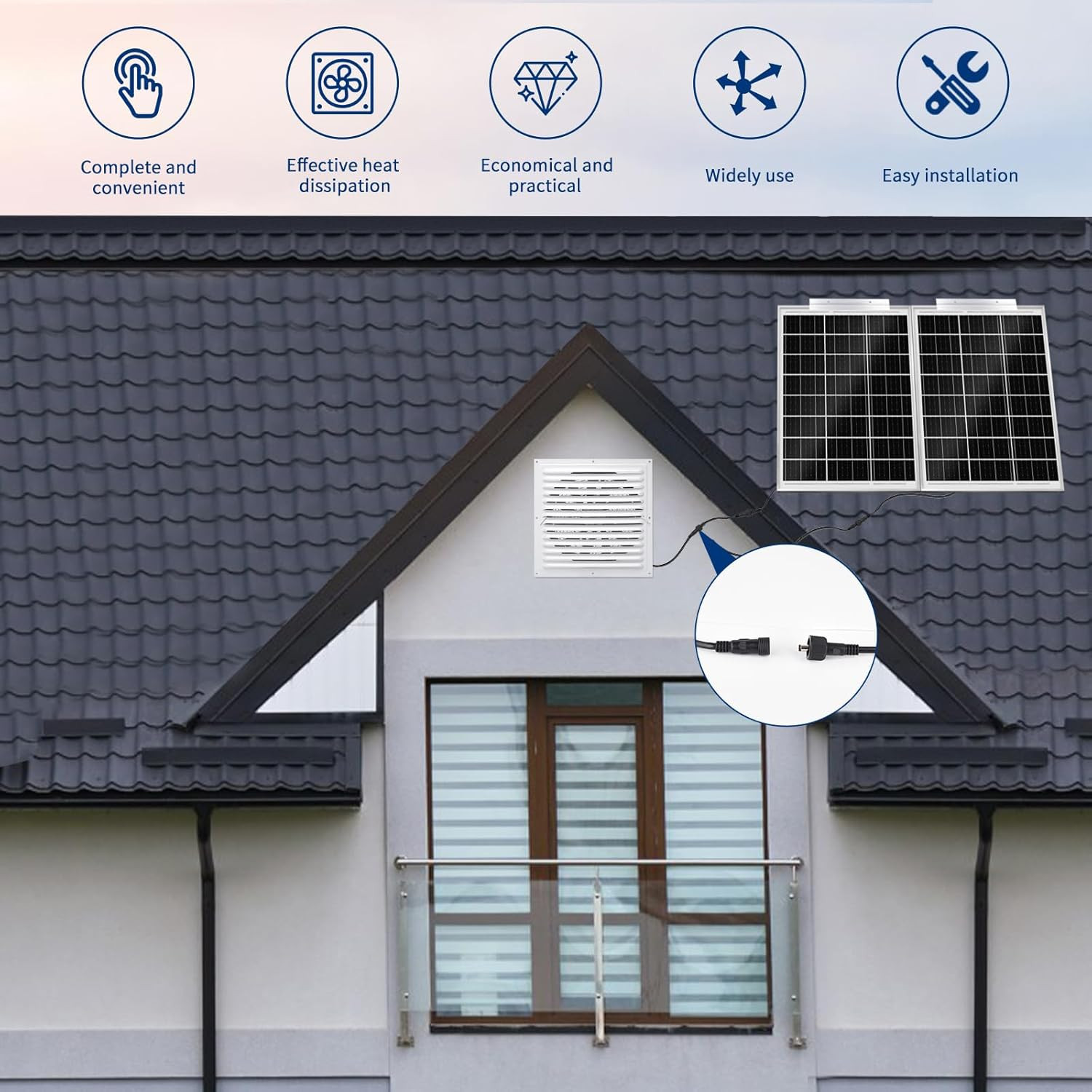 Solar Attic Fan Kit, 2Pcs 20W Solar Panels + 25W DC Fan (Up to 1200RPM), Plug an