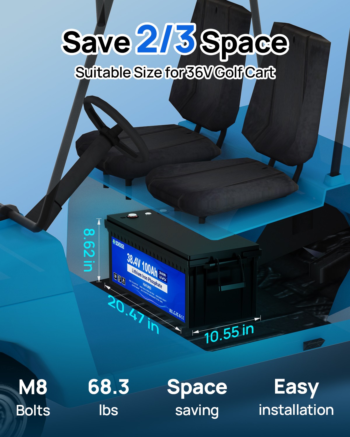 DC HOUSE 36V 100AH Lithium Golf Cart Battery with Switch Bluetooth Monitor Used