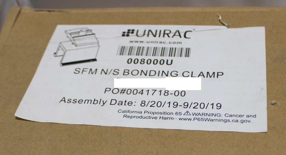 Unirac 008000U SFM N/S Bonding Clamp – LOT of 30
