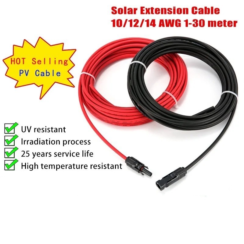 PV Wire Cable 2.5/4/6mm² 10-14AWG Black+Red with Male Female Panel Connectors