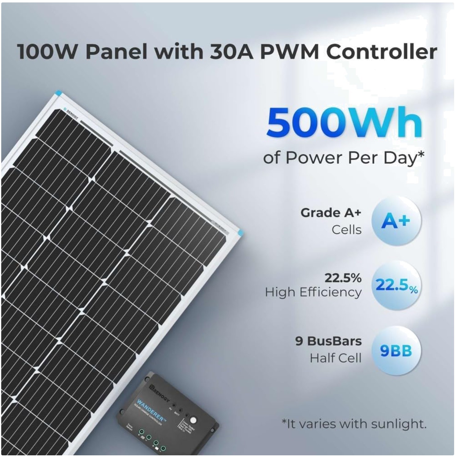 100W Monocrystalline Solar Panel Kit with 30A Controller
