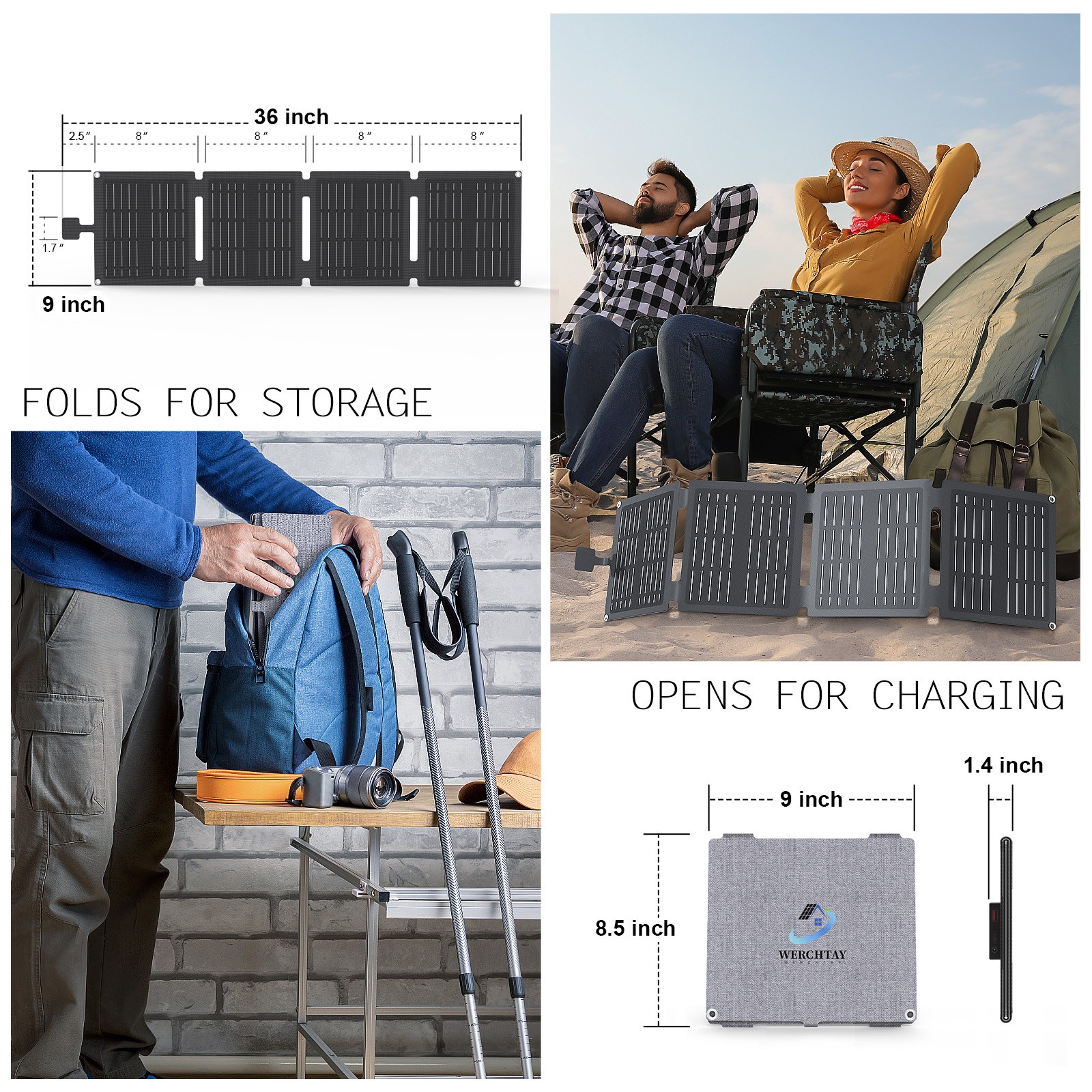 30W Foldable Waterproof Mono Solar Panel Charger RV with USB-C & USB-A Power NEW