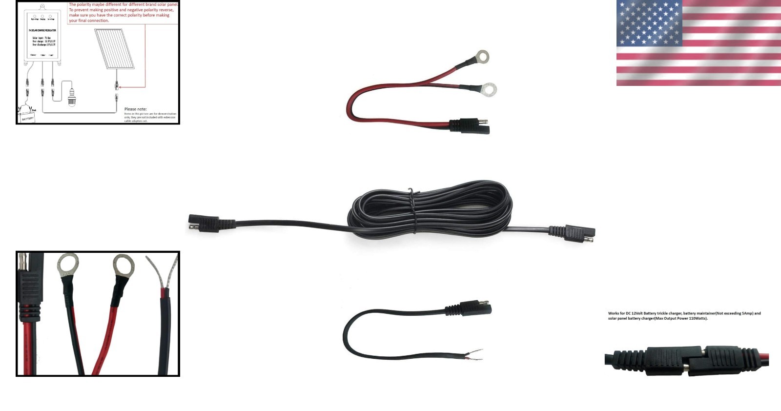 Durable 16FT Extension Cable with Ring & Bare Strip Connectors for 12V Systems
