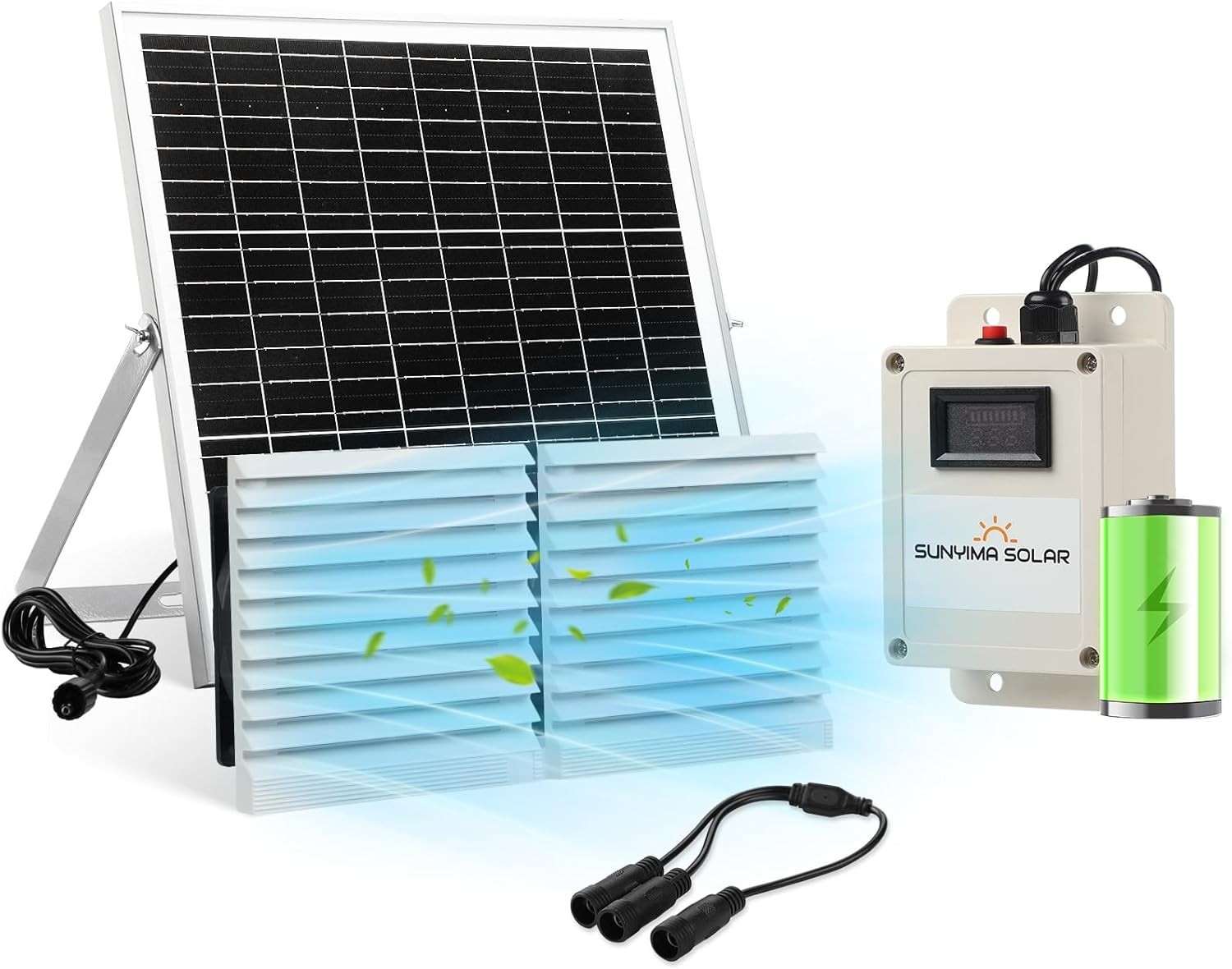 Solar Fan with Battery,20W Solar Panel Powered Fan Kit with Waterproof Dual Exha