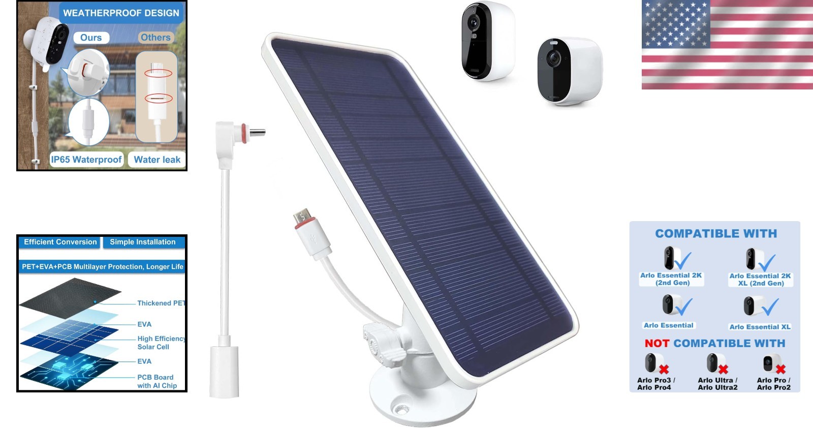 Adjustable Solar Panel for Arlo Essential 2K/XL – 13FT Durable Charging Cable
