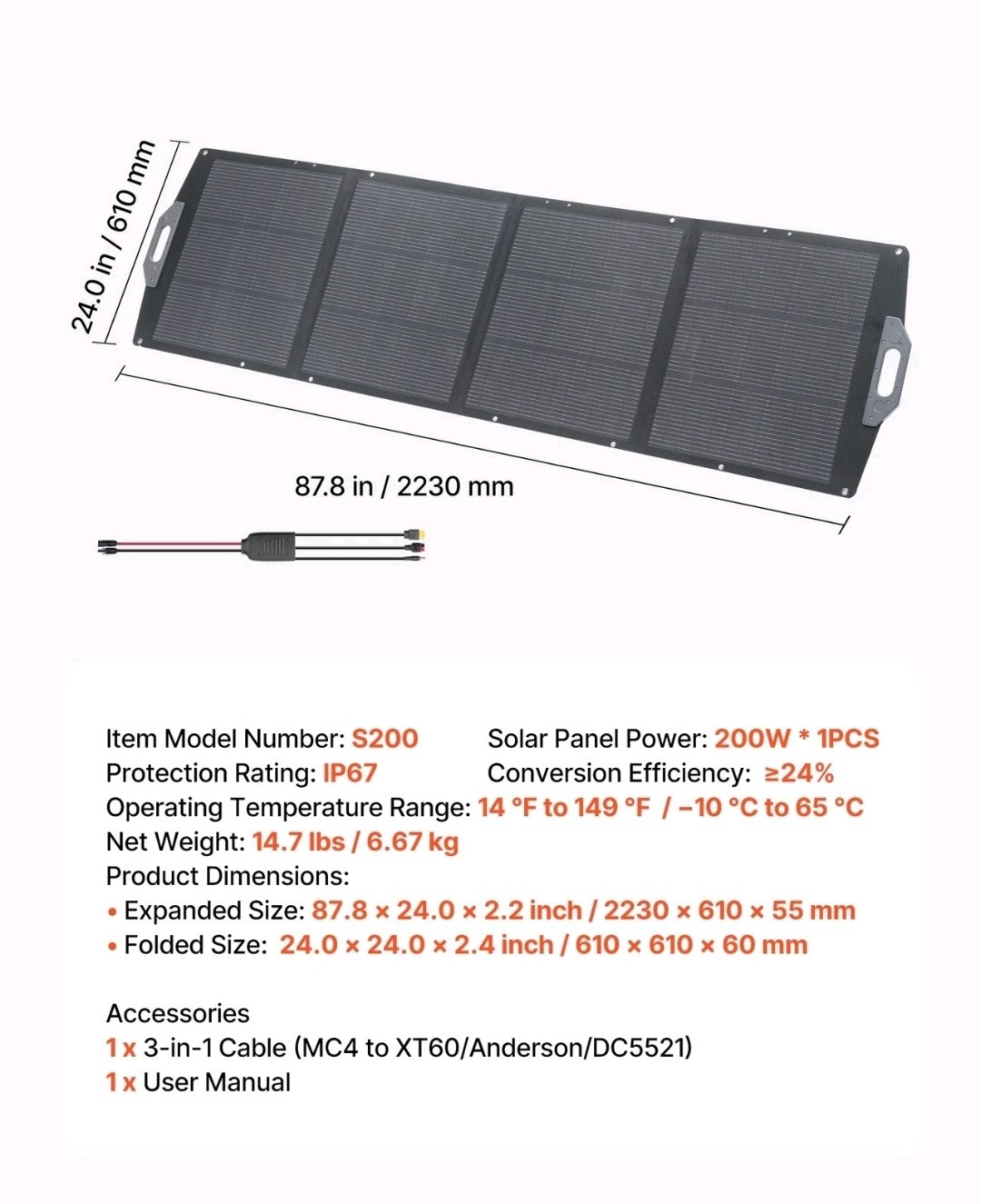 VEVOR 200W Foldable Solar Panel 24% High-Efficiency Portable Mono Solar Panel
