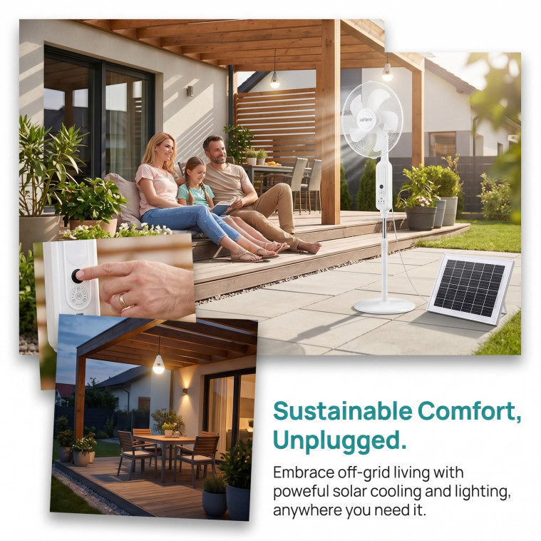 16″ Rechargeable Floor Standing Fan + 2PCS LED Bulbs w/ Remote AC & Solar Charge