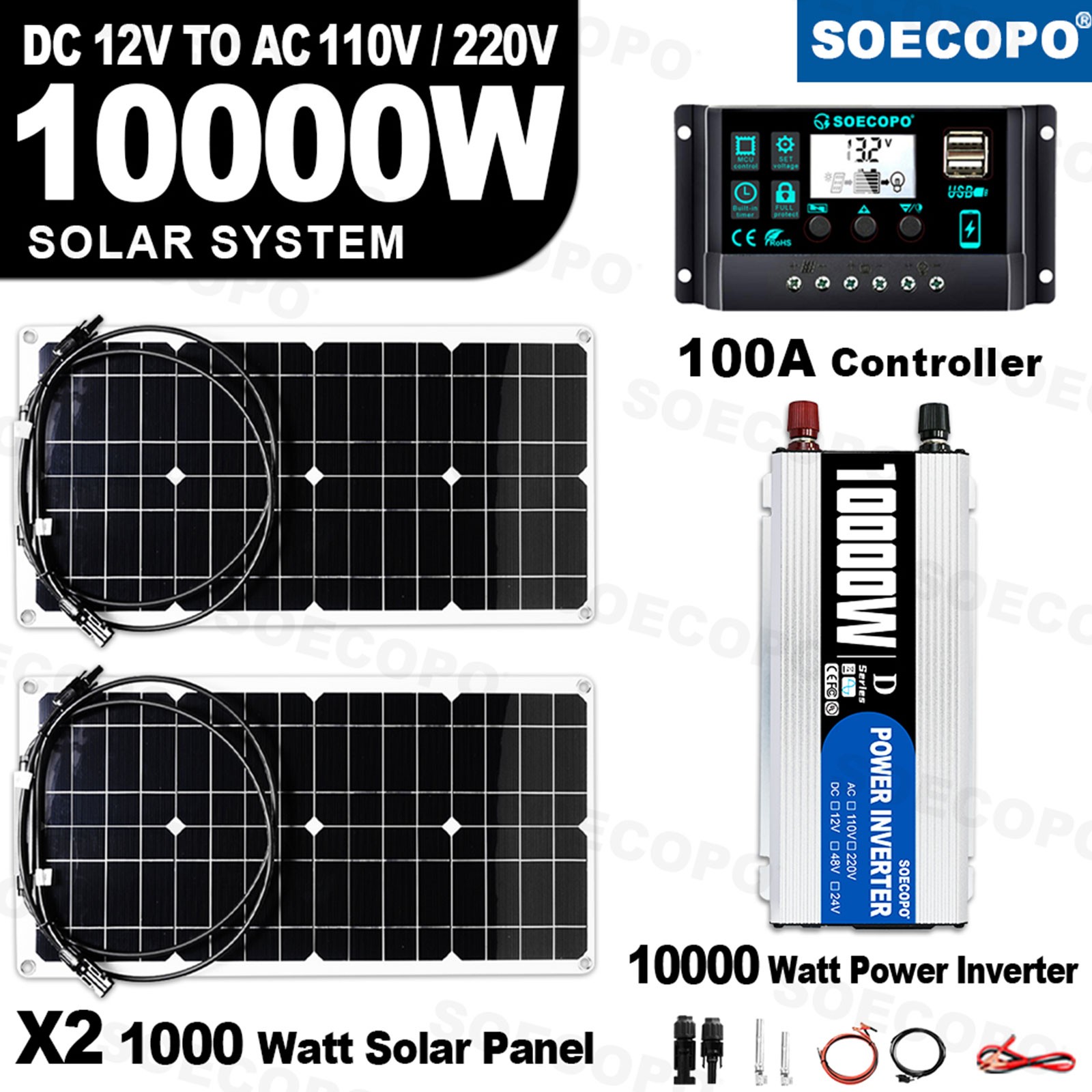 SOECOPO 10000W Solar Kit 2pcs Flexible Panels Inverter for Boat RV Campingnx