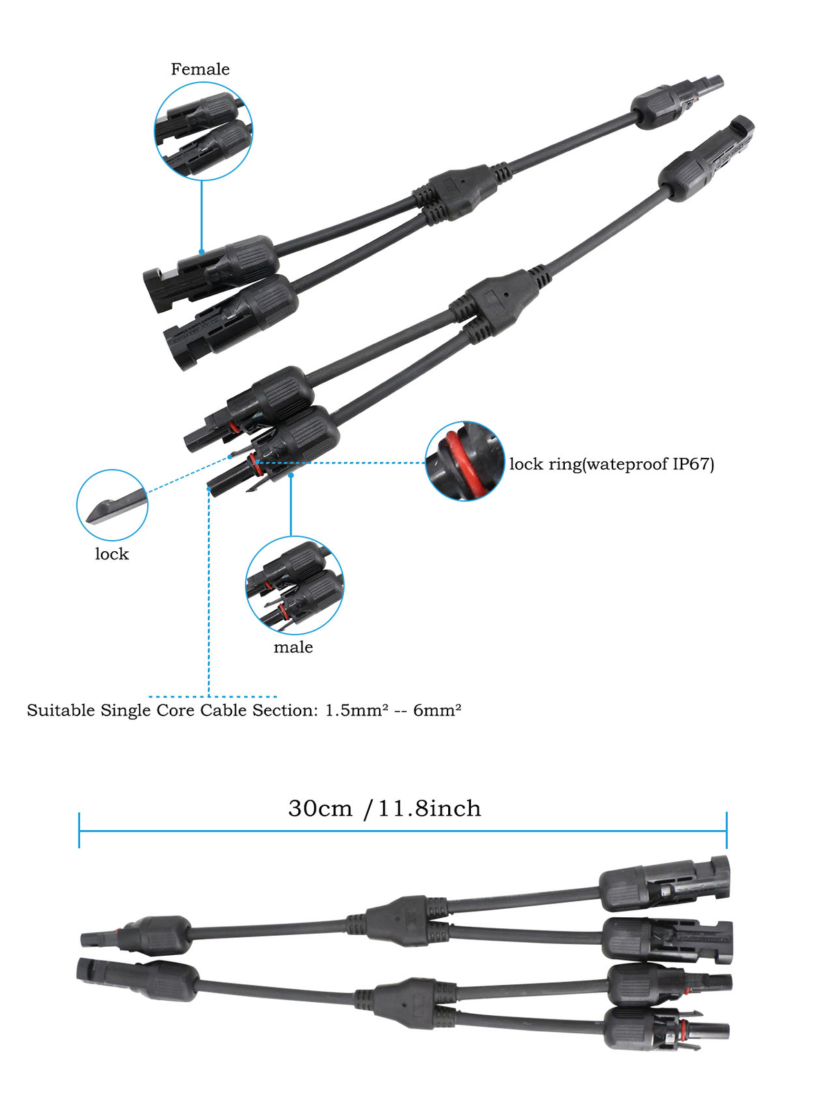Solar Panel Y Branch Cable Connection Waterproof Adapter Connector Extension Kit