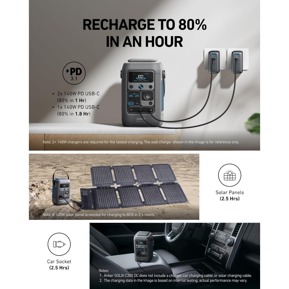 SOLIX C300 DC Power Bank Station, Outdoor 288Wh Portable Power Station, LiFePO4