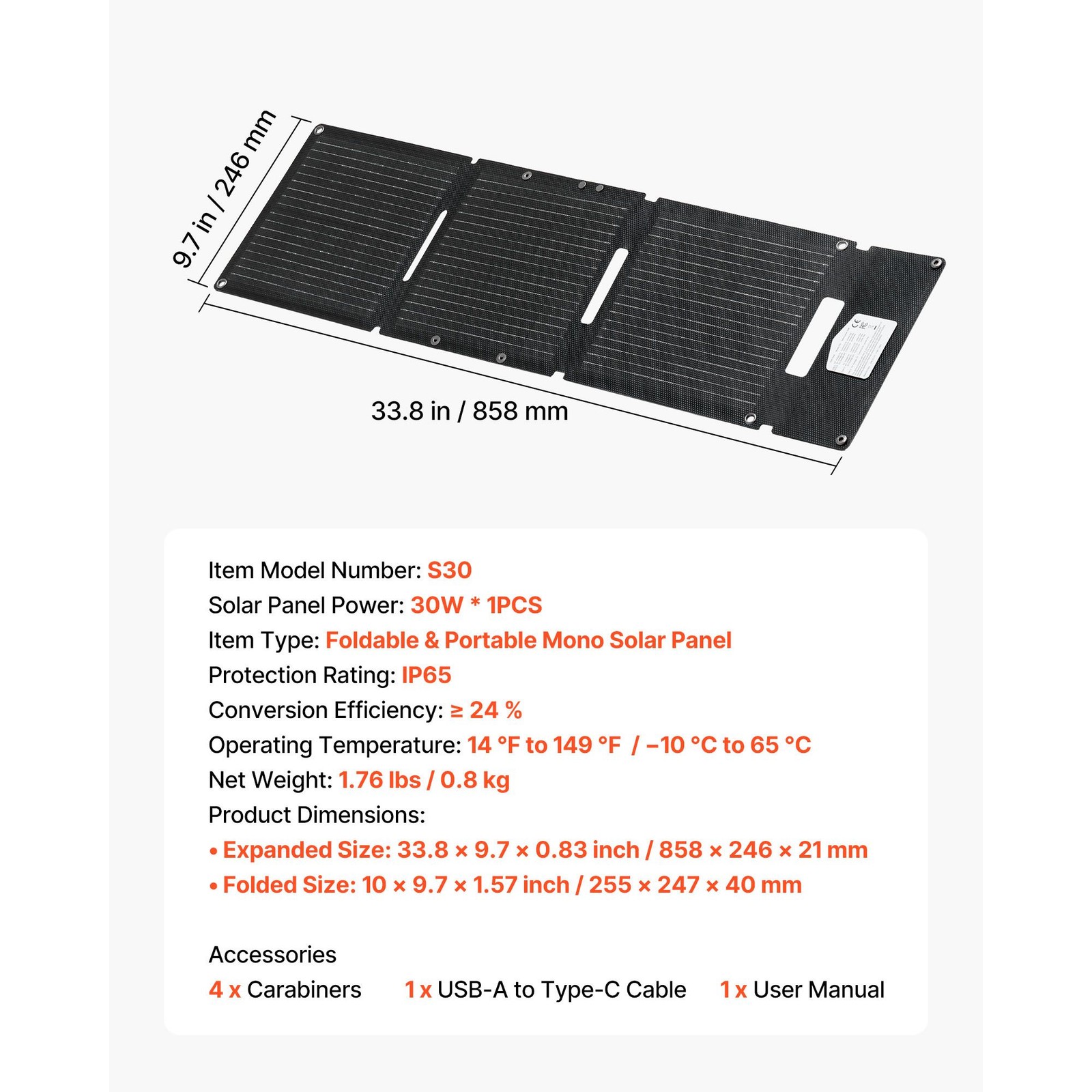 30W Foldable Solar Panel Charger, 24% Efficiency Monocrystalline, USB – A & Type