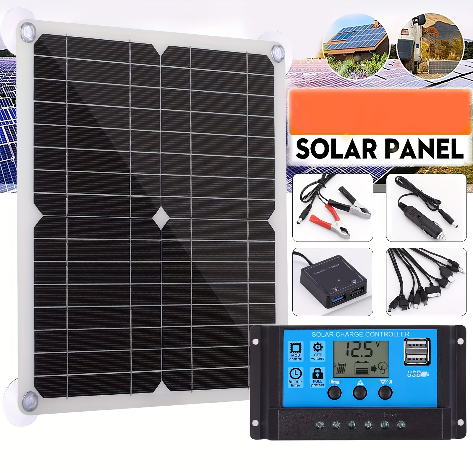 Solar Panel Kit With Solar Charge Controller And Extension Cable With Clips