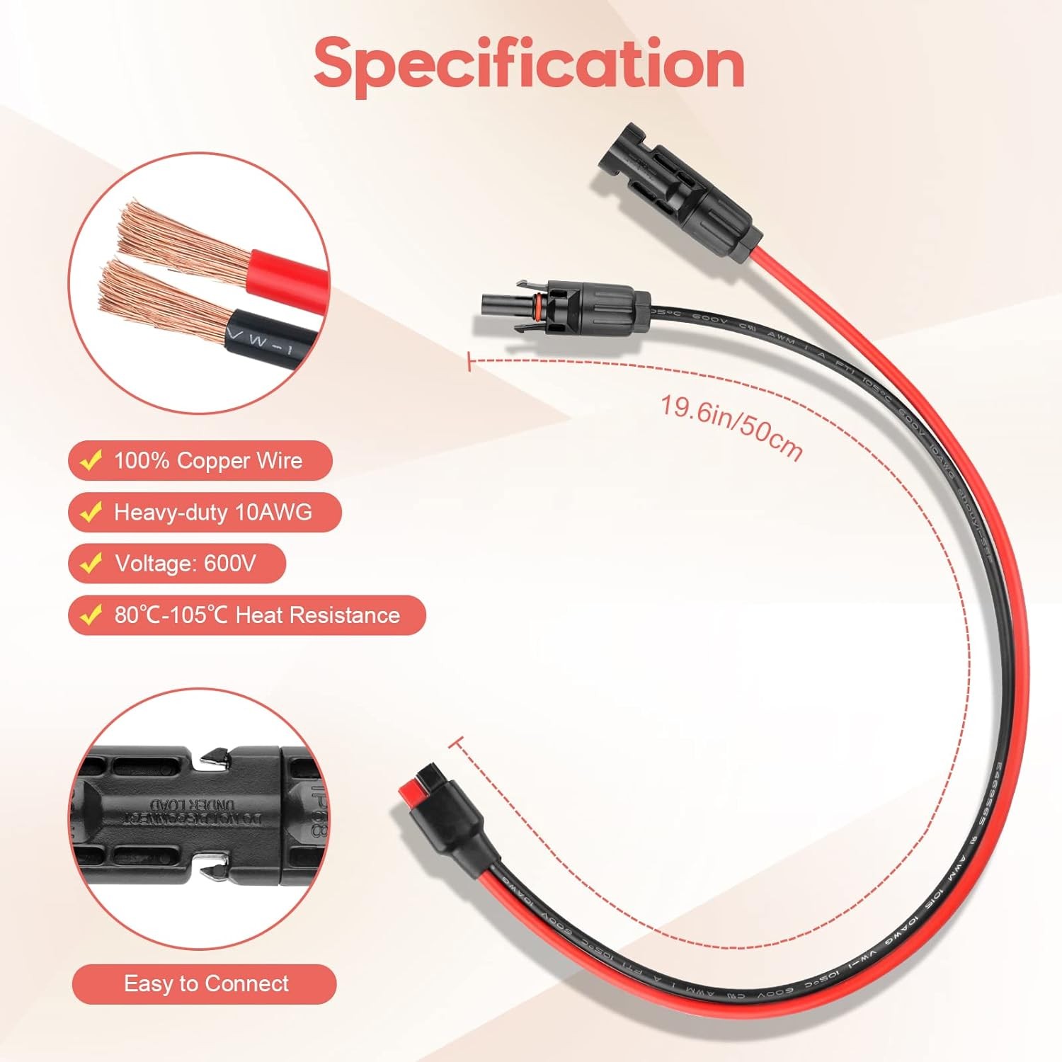10AWG Heavy Duty Solar Panel Cable to Anderson Connector Adapter 1.6FT