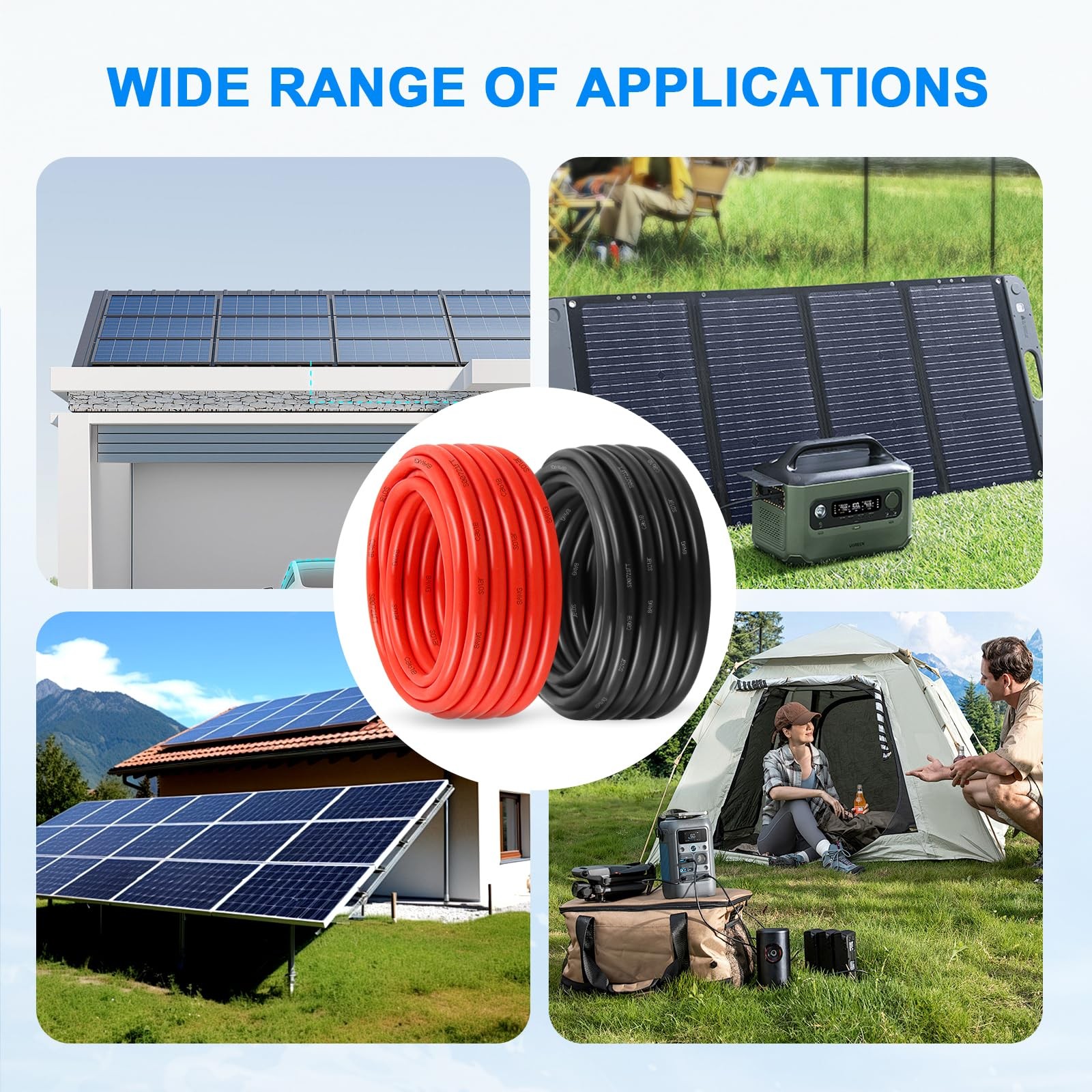 8AWG Solar PV Wire Extension Cable 10mm 60FT Red Black Tinned Copper Outdoor