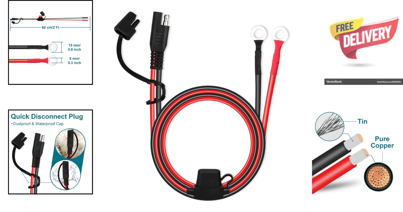 Reliable 2FT 16AWG SAE Battery Connector Cable for RV & Motorcycle Applications