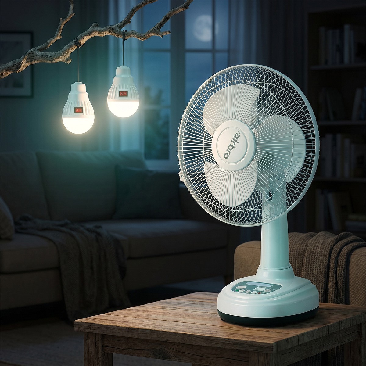 12″ Solar Rechargeable Desk Fan 2-Speed Portable Camping Fan + 2 LED Light Bulbs