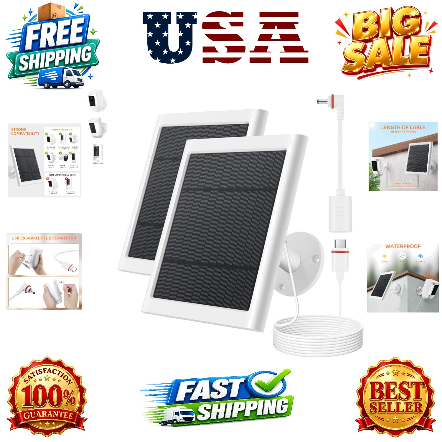 Solar Panel for Ring Camera, 2 Pack 4W Solar Charger Compatible with Rings Sp…