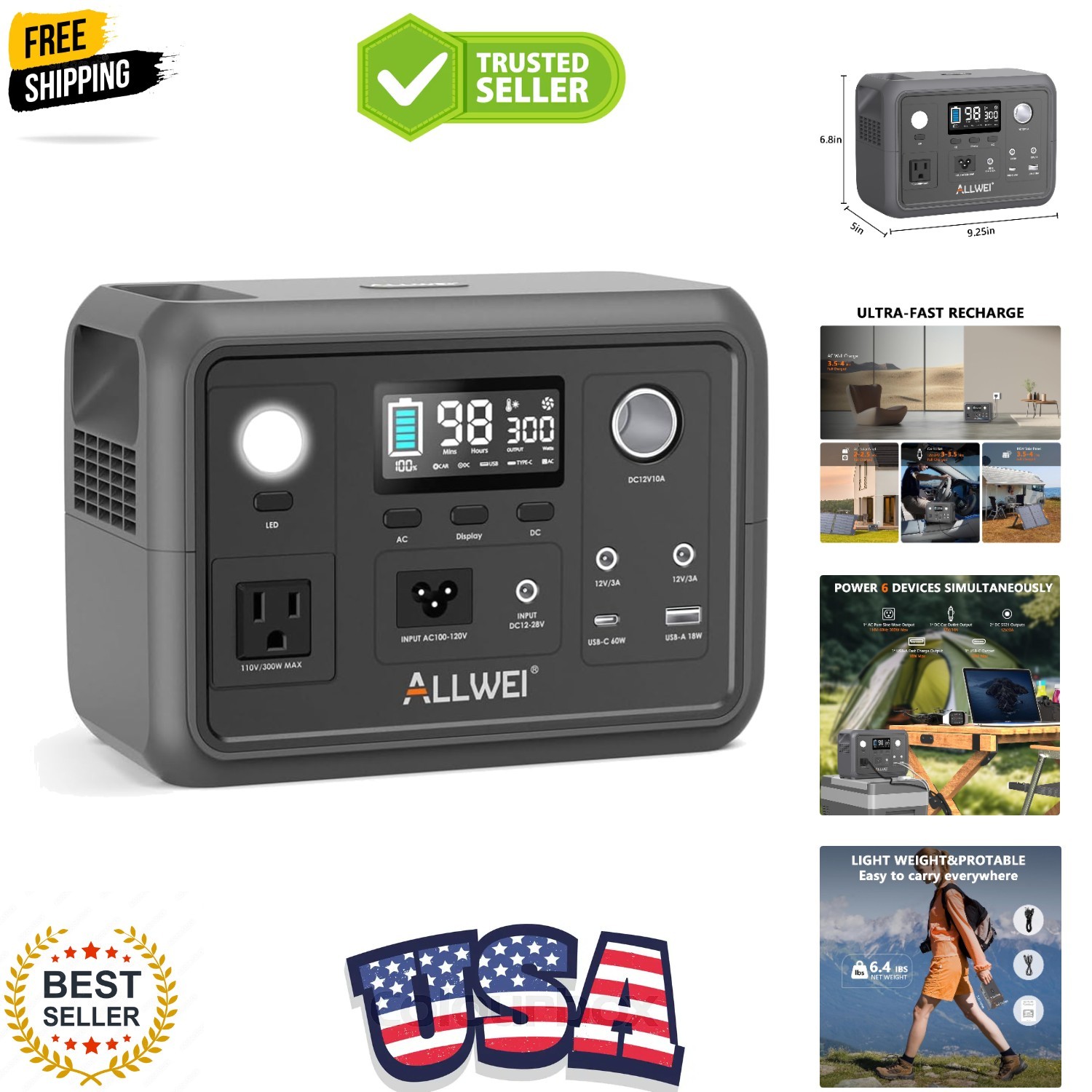 Portable Power Station 300W Peak 600W, 256Wh Solar Generator with 60W USB-C P…