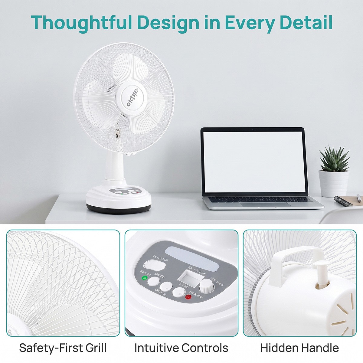 12″ Solar Rechargeable Desk Fan 2-Speed Portable Camping Fan + 2 LED Light Bulbs