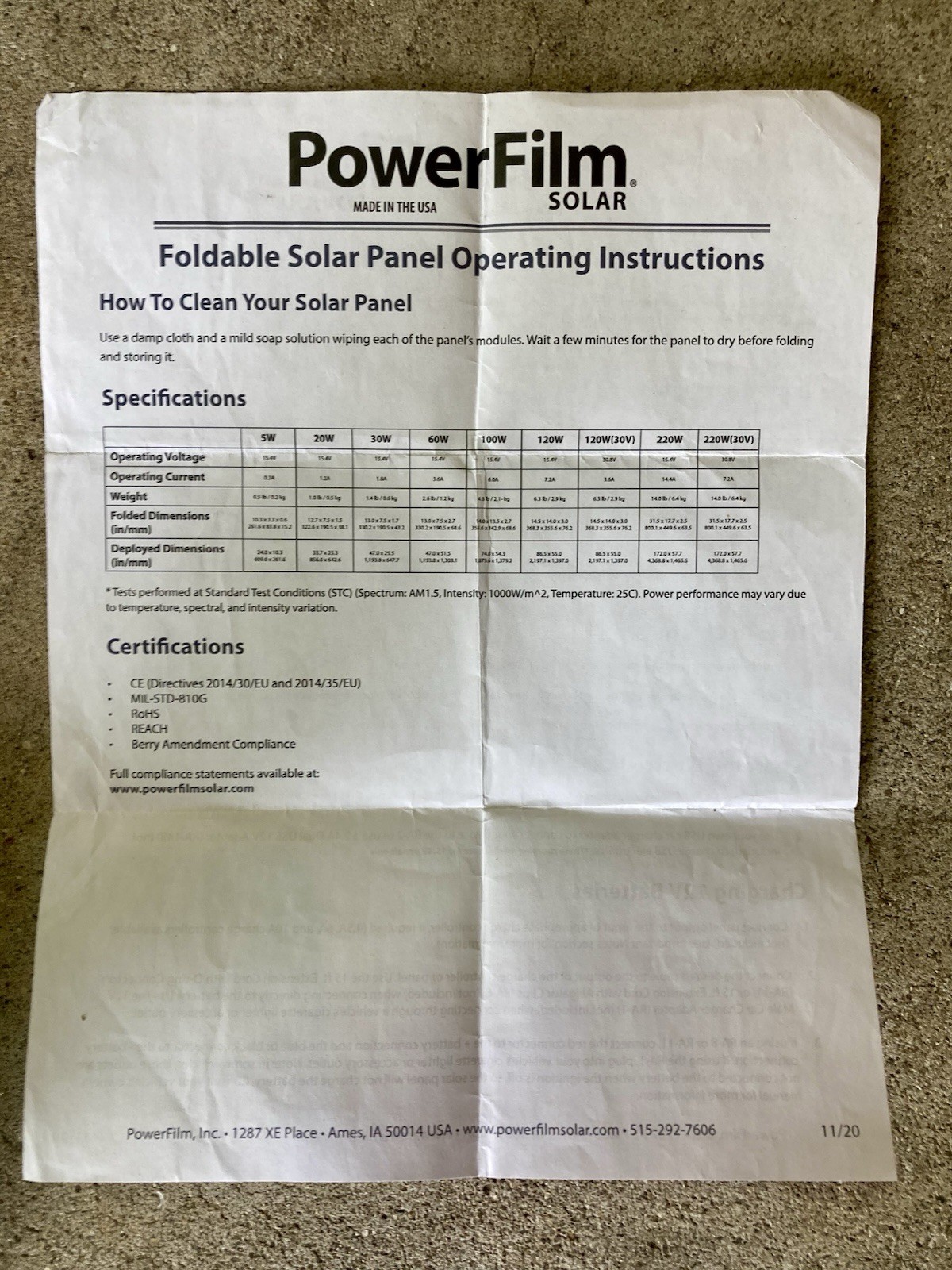 NEW “PowerFilm Solar” 60 WATT F16-3600 Foldable Solar Panel w/ Adapter & Paper