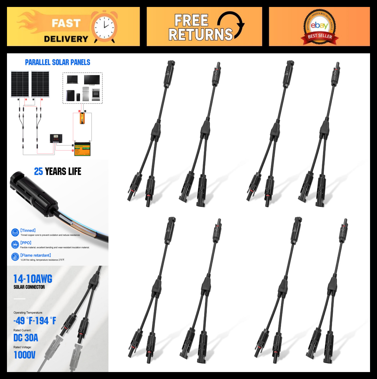 4 Pair Solar Connectors 30A Y Branch Parallel PV Adapter Cable Kit for Solar Pan