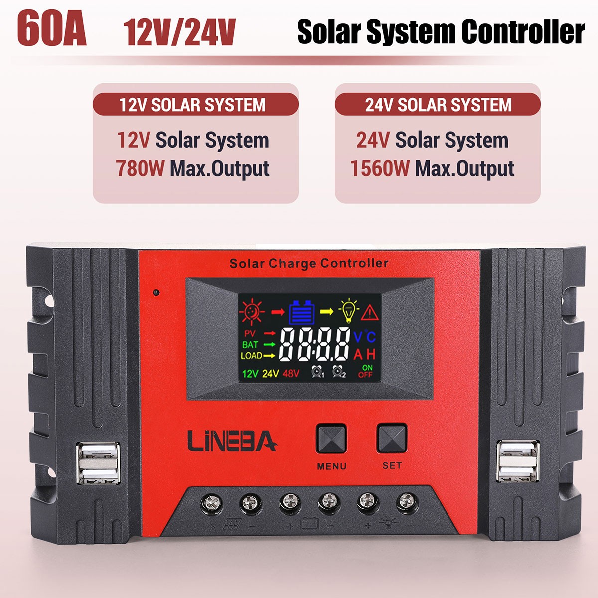 5200W PWM Solar Charge Controller 100A 12V 24V 48V USB Battery PV Regulator Auto