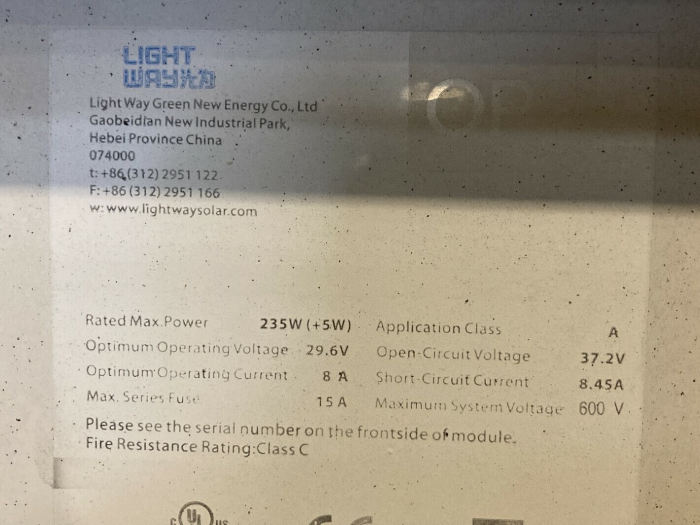LightWay 60-Cell Solar Panel 235W, Class A, 15A, 600V , LW235