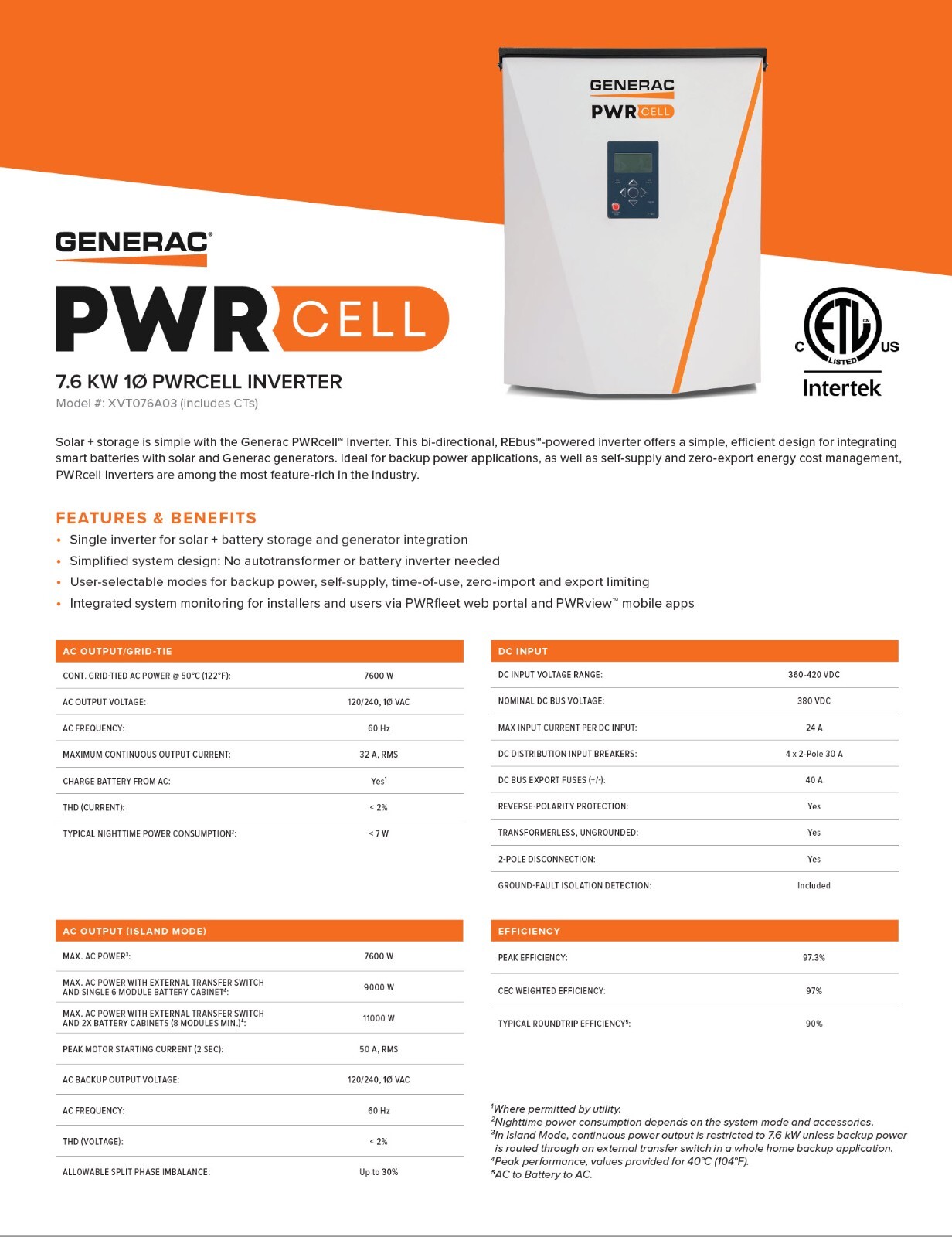 CERTIFIED DEALER – Generac XVT076A03 7.6kW 120/240V 2PH PWRcell Inverter w/ CTs
