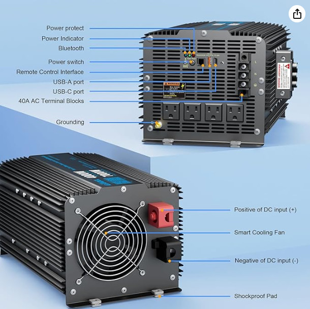 GIANDEL 4000W Pure Sine Wave Inverter 12V to 110V 120V Remote Bluetooth App