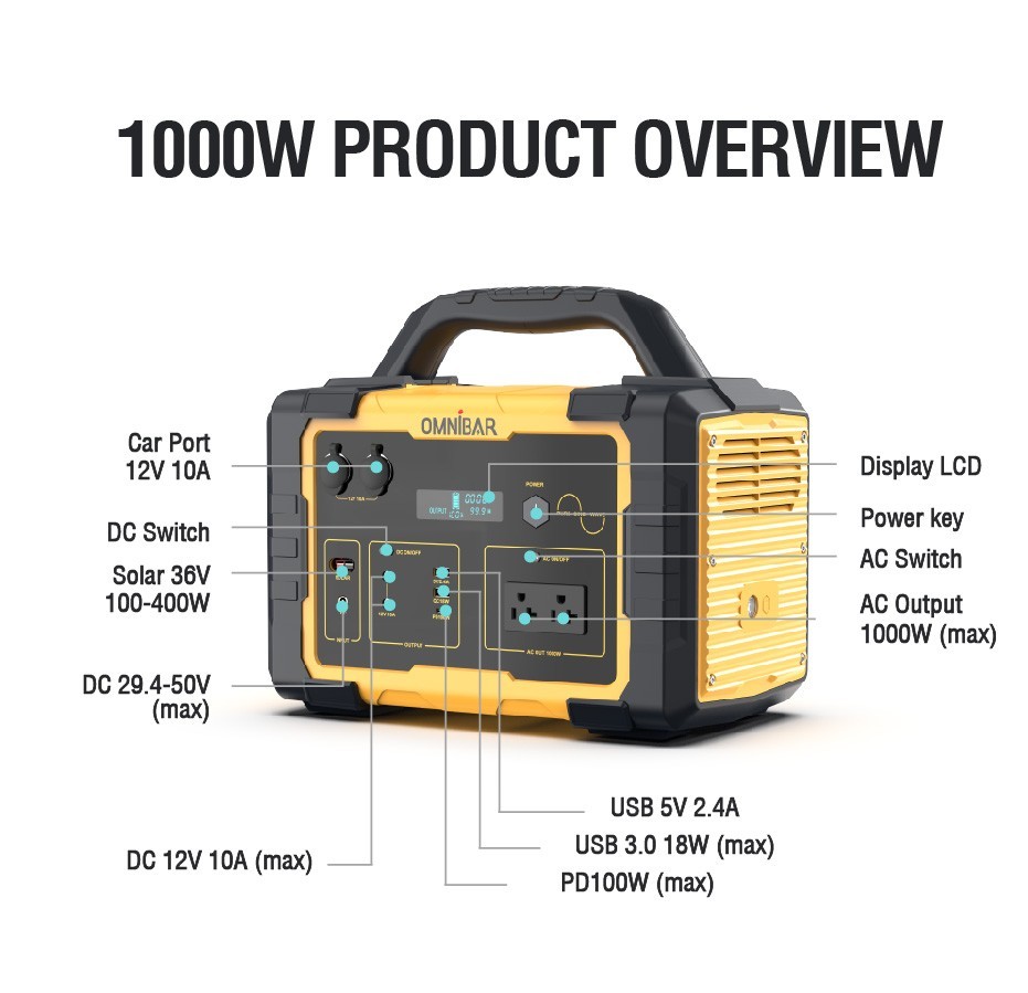 1000W 1024Wh LiFePO4 Solar Power Station Camping Emergency Backup Generator