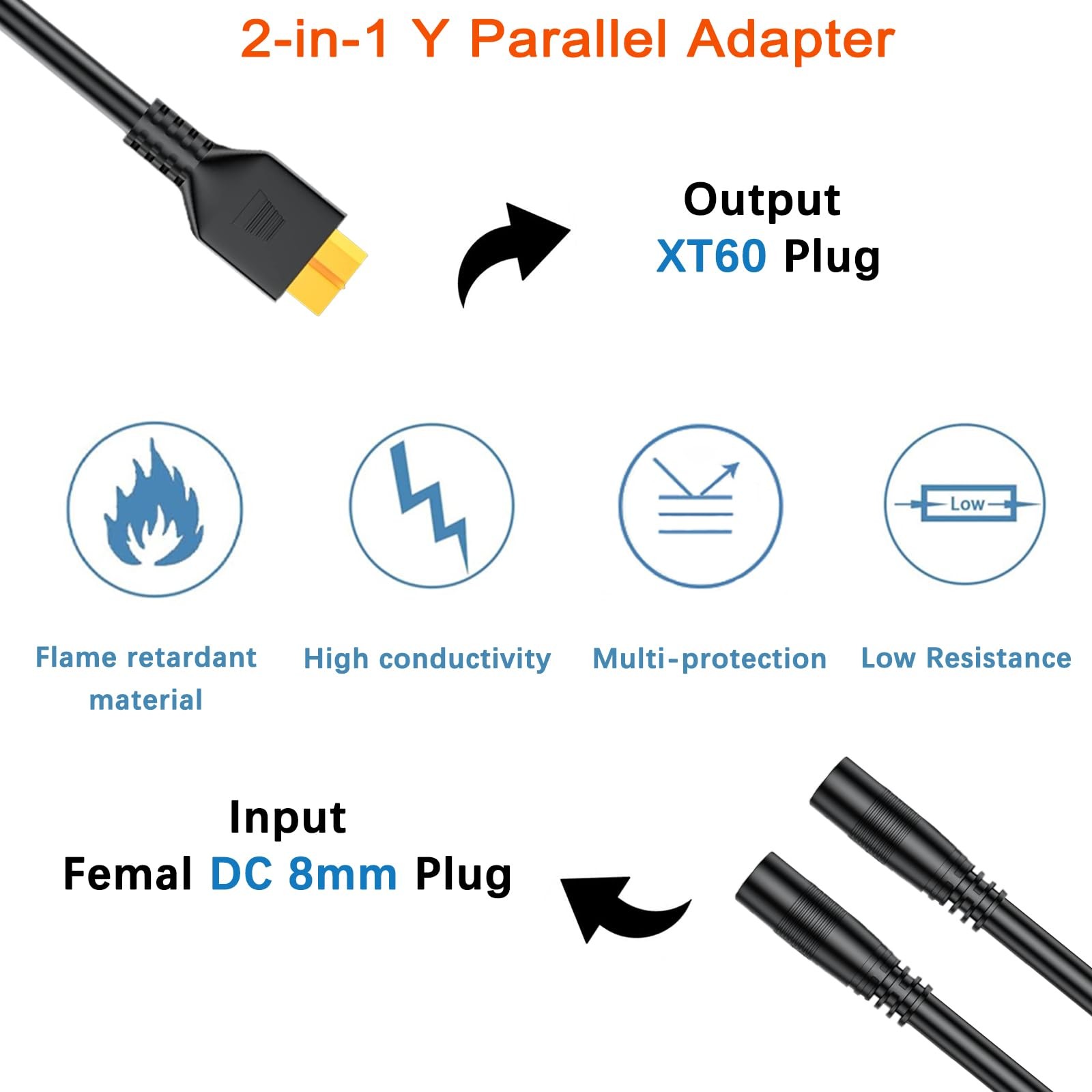 DC 8mm to XT60 Y Splitter, 20A Rated Current Parallel Adapter – Reverse Current