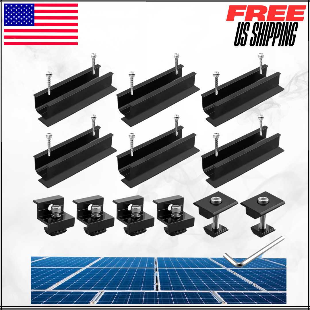 Aluminium Solar Panel Mounting Rail & Adjustable Clamps Bracket Kit 6PC Black