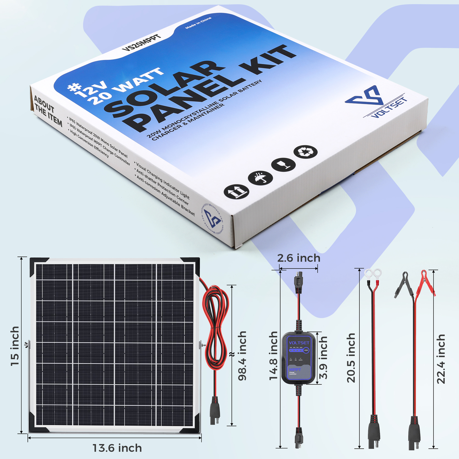 Upgraded 20W 12V Solar Battery Trickle Charger Maintainer with MPPT Controller