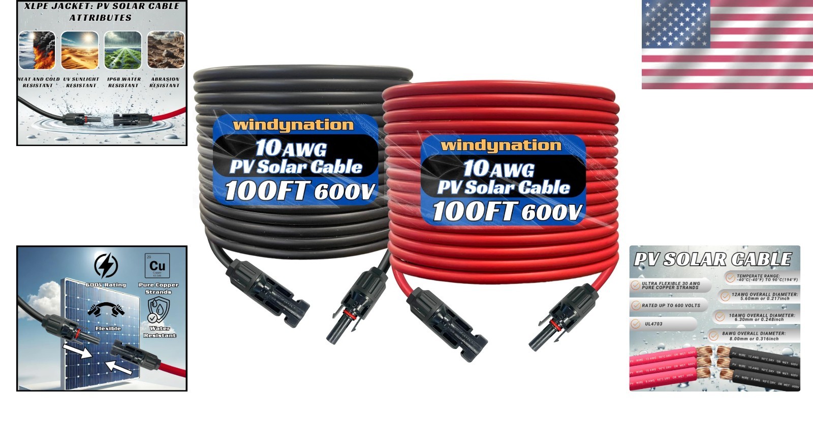 Weatherproof 10 AWG Solar Connector Cable – 200 Feet Pair for Installations