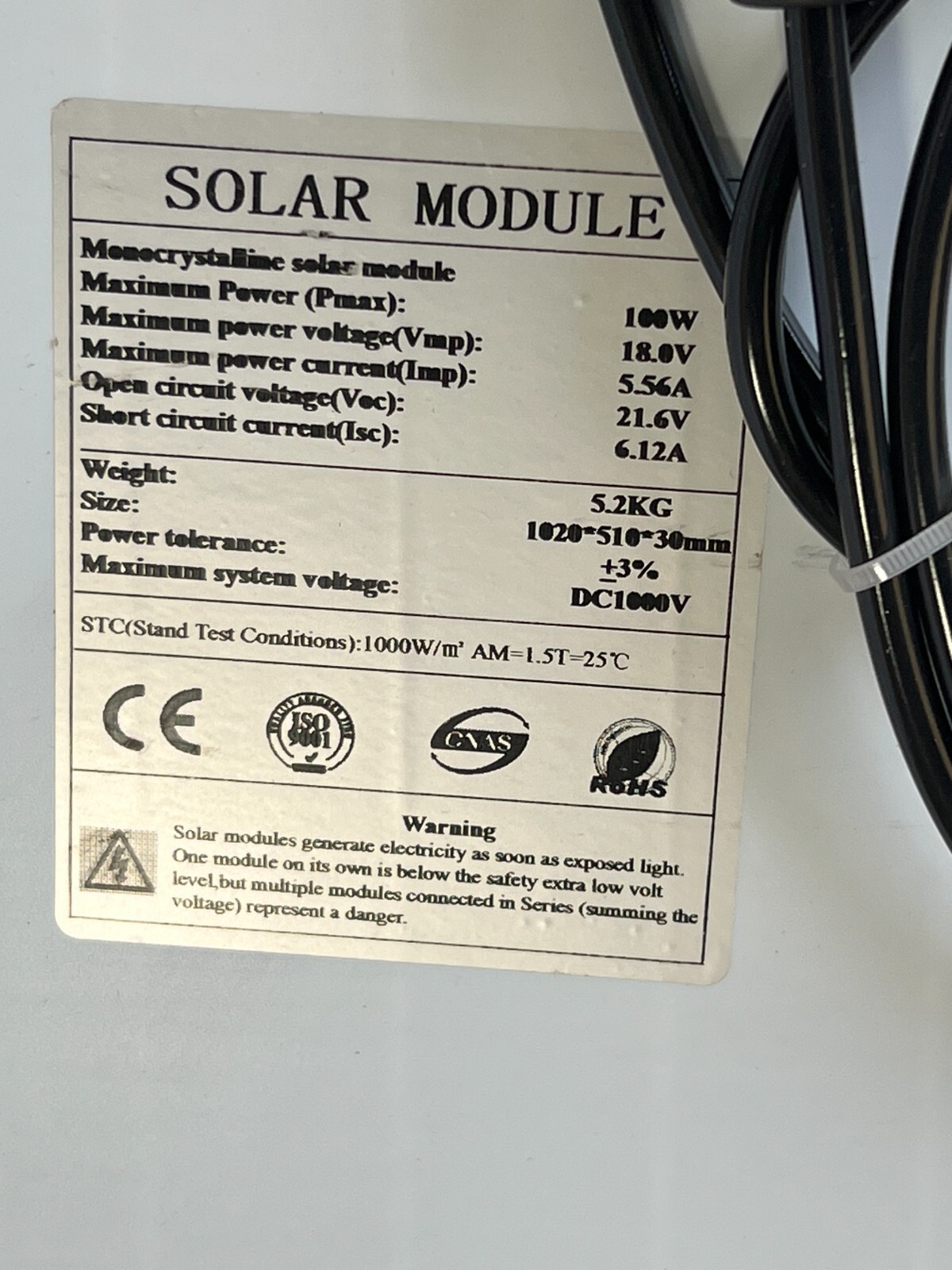 Solar Module Monocrystalline 1020 x 510 x 30 mm, DC1000V Maximum Power 100W