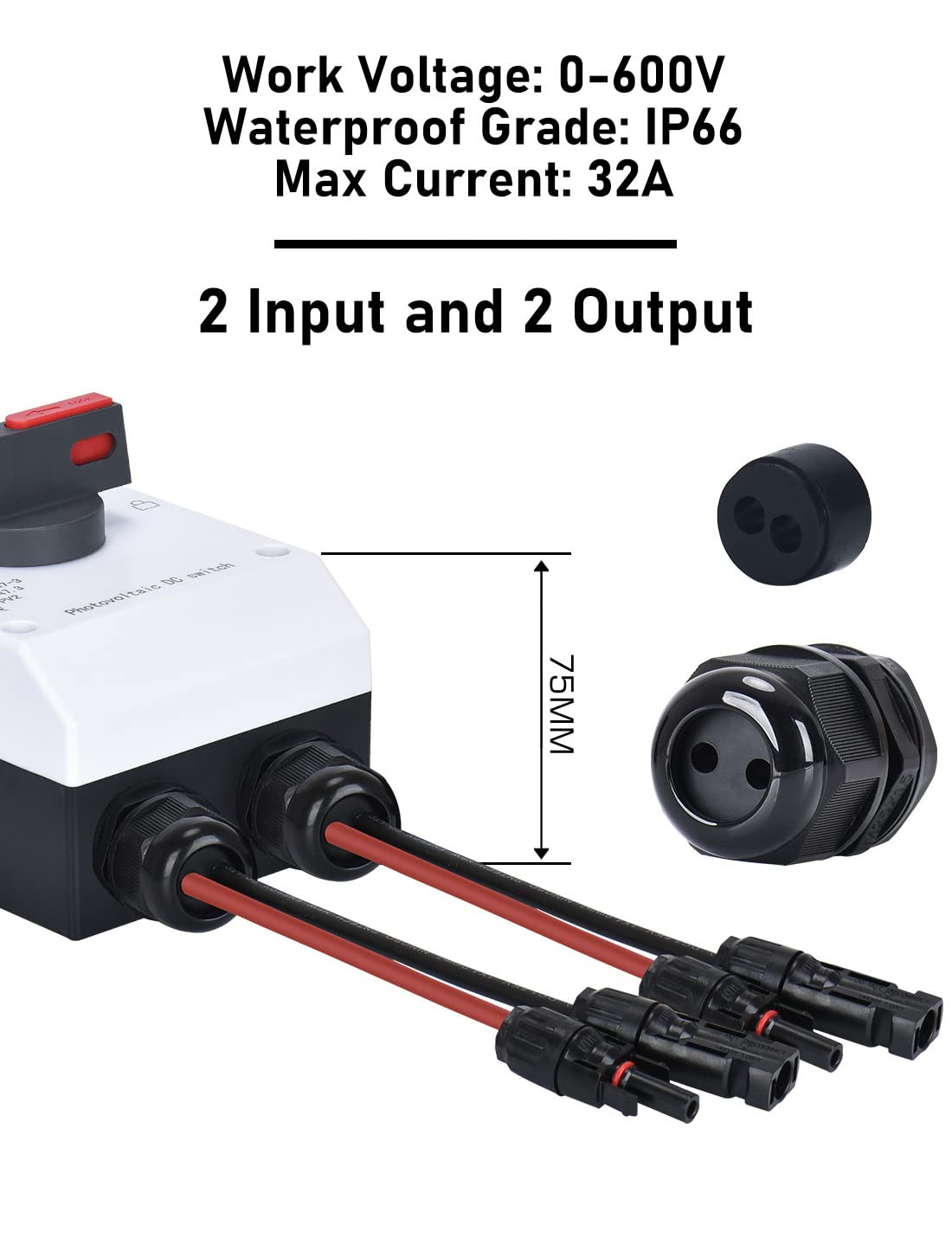 Solar Disconnect Switch,32 Amp DC600V,2 String 2 in 2 Out Isolator,Ip66 Waterpro