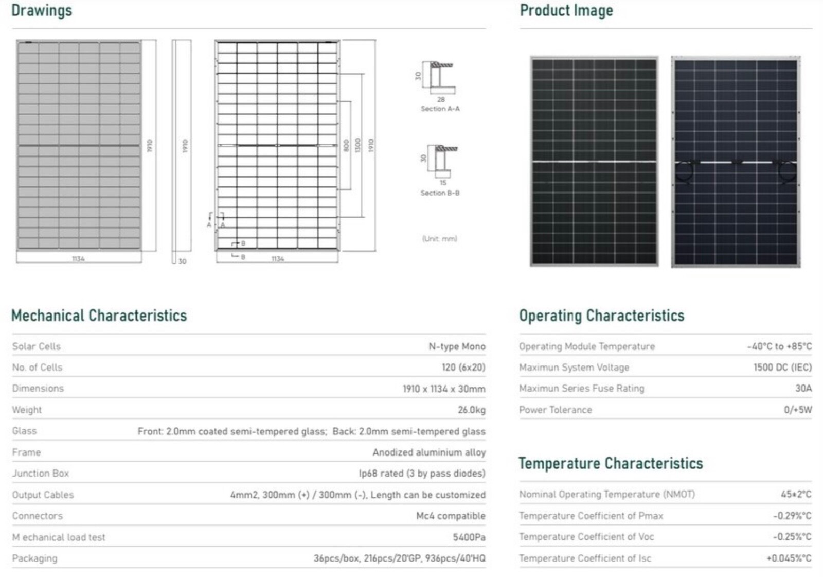 New Technology TOPCon 490W Bifacial Solar Panels, 22.62% Frontside Efficiency