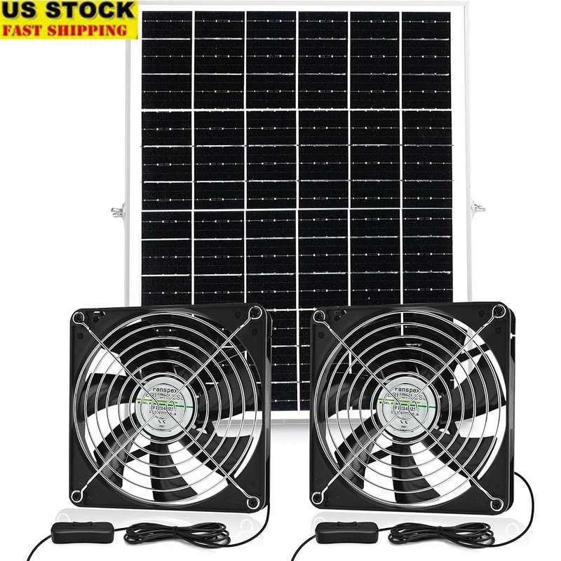 Solar Powered Waterproof Dual Fan Kit Chicken Coop Greenhouse Shed & Pet House