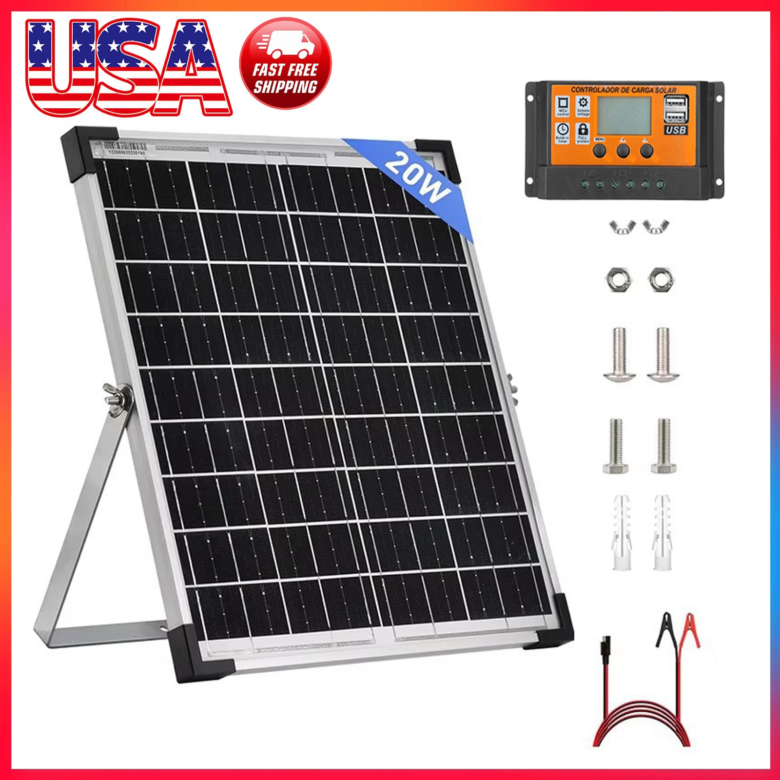 20W Solar Panel 18V Trickle Charger Battery Charger Kit Maintainer Boat Car RV