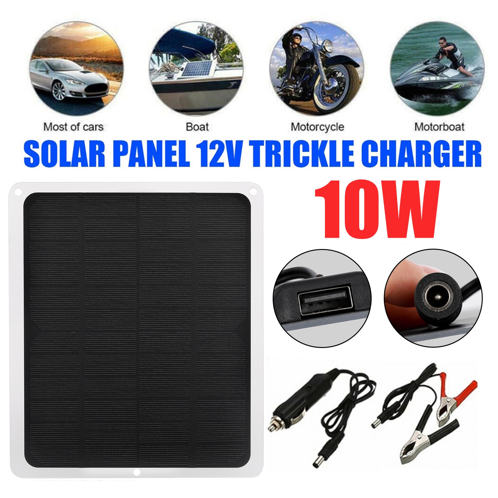 10W Solar Panel 12V Trickle Charge Battery Charger Kit Maintainer Marine RV Car