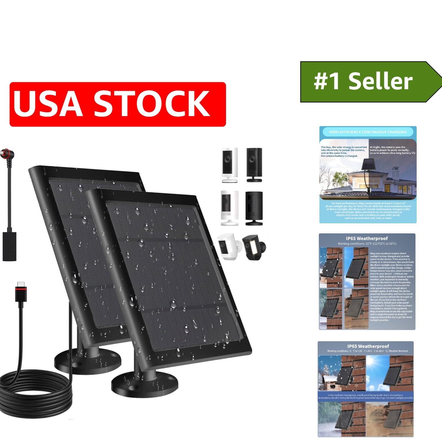 Solar Panel Set for Ring Camera – Dustproof, Waterproof, USB Compatible – 2 Pack